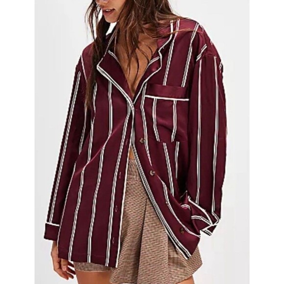 Free People We The Free Rorie Stripe Shirt Women S Burgundy Satin Oversized - Picture 1 of 8